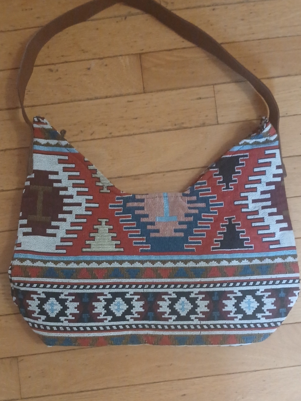 South Western Style Woven Geometric Shoulder Bag in Rust, Teal & Cream
